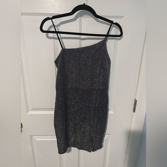 Lulus Take Me Anywhere Silver Sparkly Asymmetrical Bodycon Mini Dress size m - Picture 4 of 8